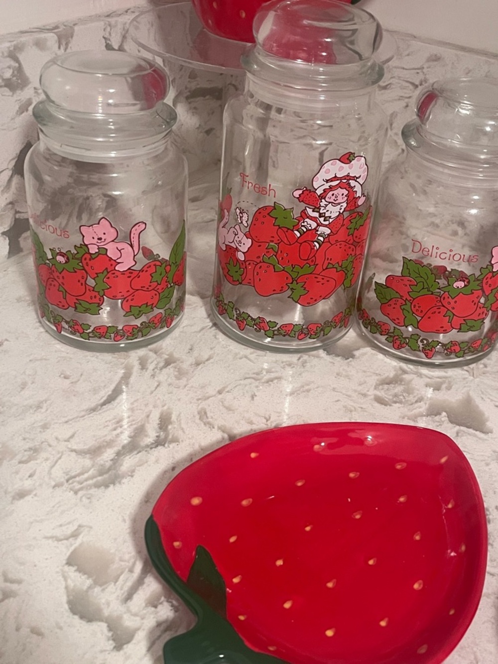 Strawberry Print Glass Canister Set - Red/Green vintage
